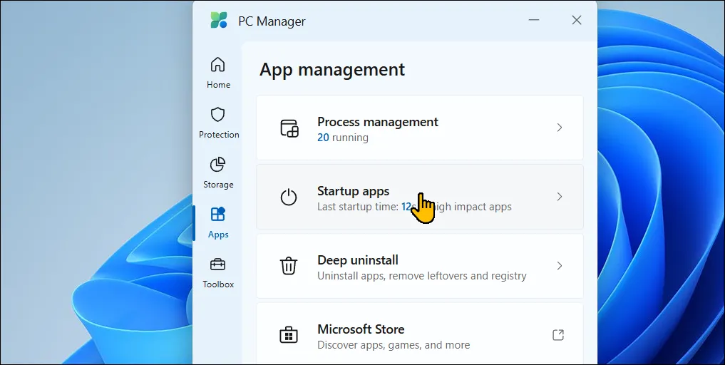 Tab ứng dụng đang mở trong Microsoft PC Manager trên Windows 11, hiển thị danh sách các tiến trình đang chạy và tùy chọn quản lý ứng dụng khởi động