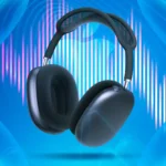 Tai nghe AirPods Max với hiệu ứng sóng âm thanh minh họa chất lượng âm thanh lossless.