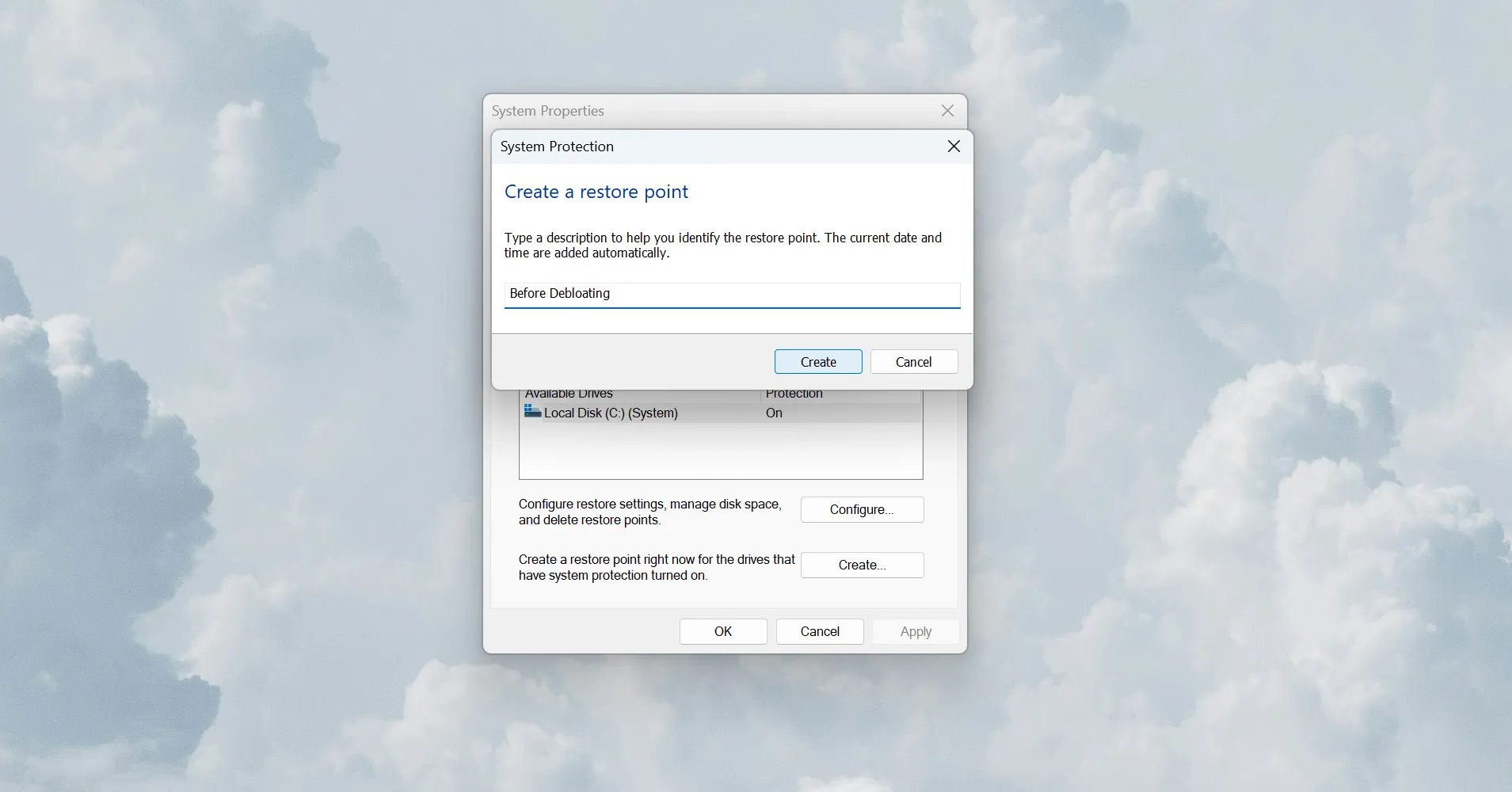 Tạo điểm khôi phục hệ thống Windows để an toàn trước khi gỡ bloatware