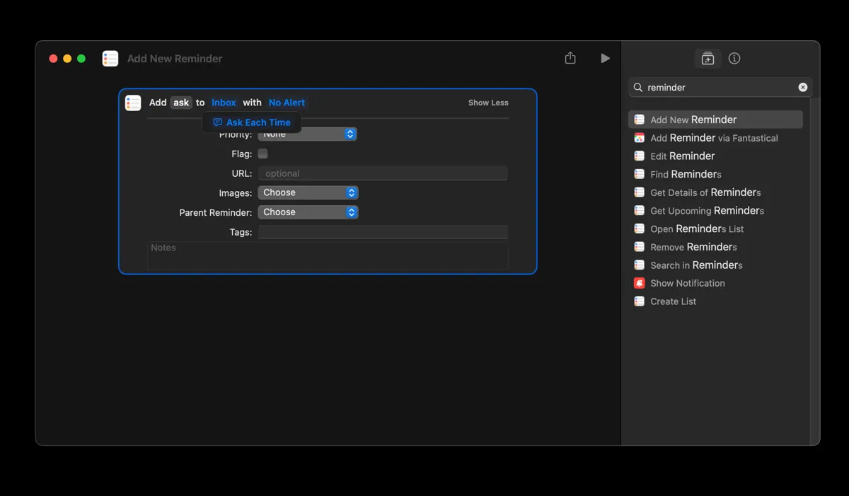 Tạo hành động nhập nhanh nhắc nhở trong ứng dụng Phím tắt (Shortcuts) trên macOS