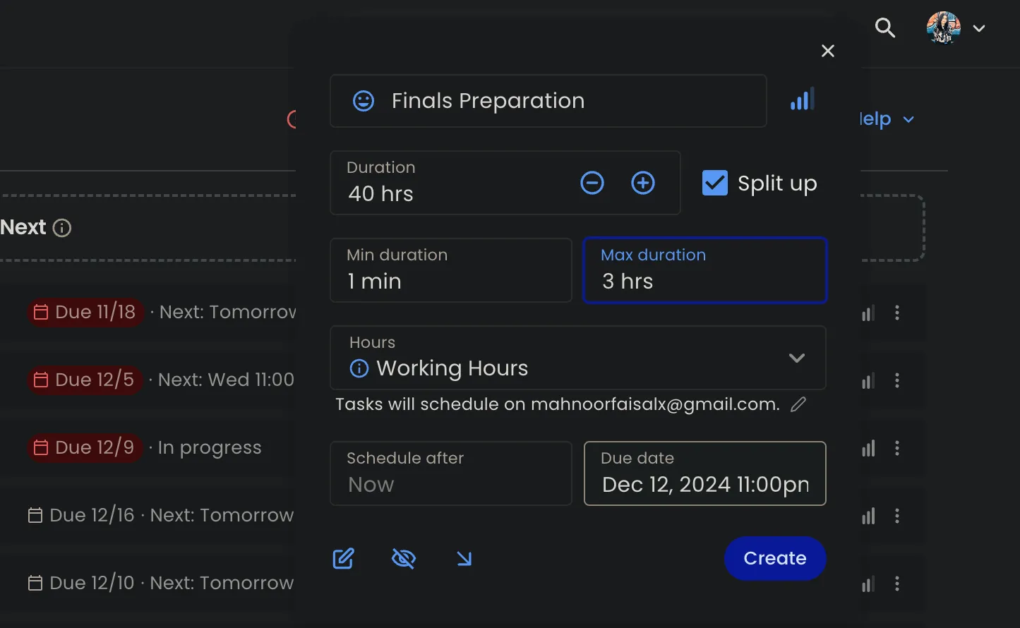 Tạo nhiệm vụ &quot;Finals Preparation&quot; mới trong Reclaim.ai với tùy chọn chia nhỏ công việc