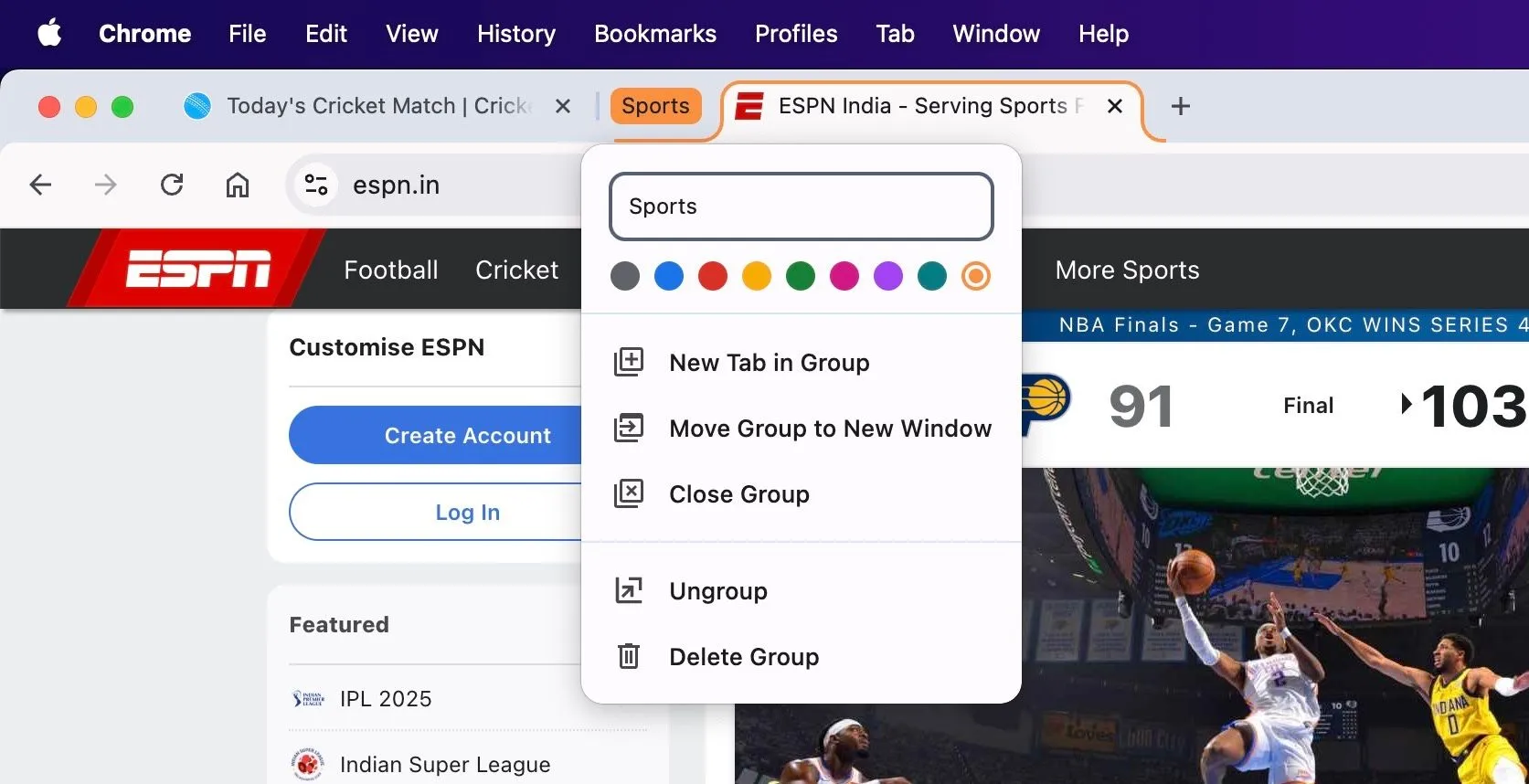 Tạo nhóm tab mới trong Chrome trên macOS bằng cách đặt tên và chọn màu sắc.