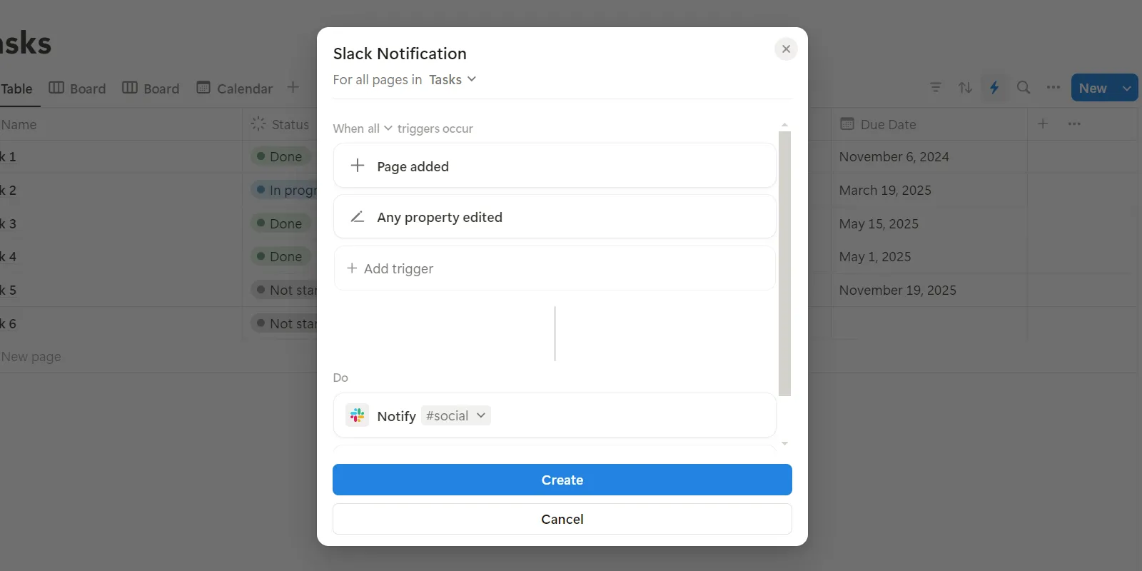 Tạo tự động hóa thông báo Slack trong Notion, thể hiện khả năng tích hợp ứng dụng.