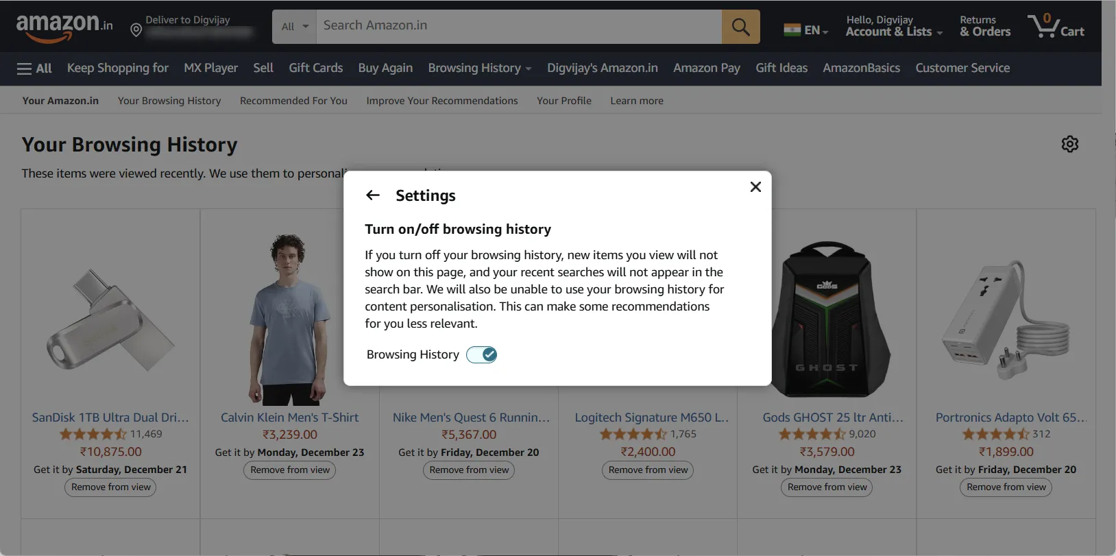 Tắt tính năng theo dõi lịch sử duyệt web trên Amazon để bảo vệ quyền riêng tư
