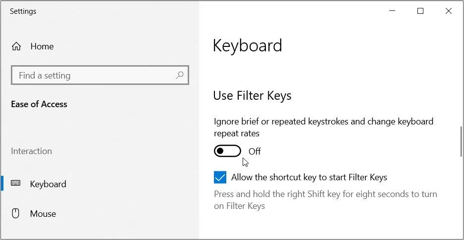 Tắt tùy chọn &quot;Use Filter Keys&quot; trong cài đặt Bàn phím của Windows để loại bỏ tình trạng lag.