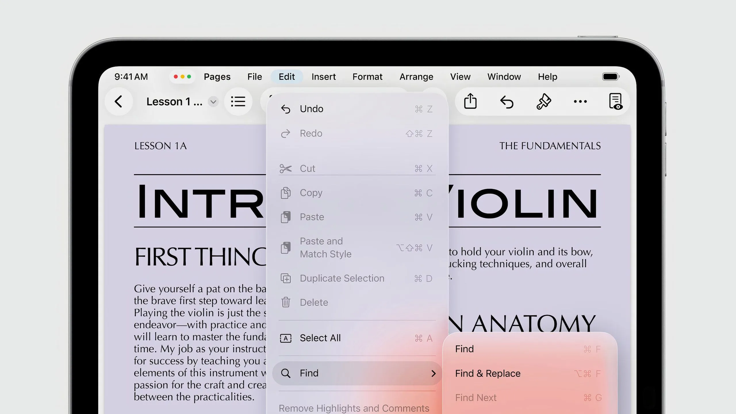 Thanh Menu Bar mới của iPadOS 26 hiển thị các tùy chọn chỉnh sửa ứng dụng