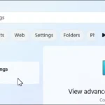 Thanh tìm kiếm Windows 11 hiển thị kết quả 'View advanced system settings' để truy cập cài đặt hệ thống cho SDelete