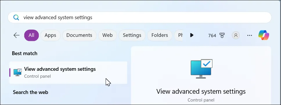 Thanh tìm kiếm Windows 11 hiển thị kết quả 'View advanced system settings' để truy cập cài đặt hệ thống cho SDelete