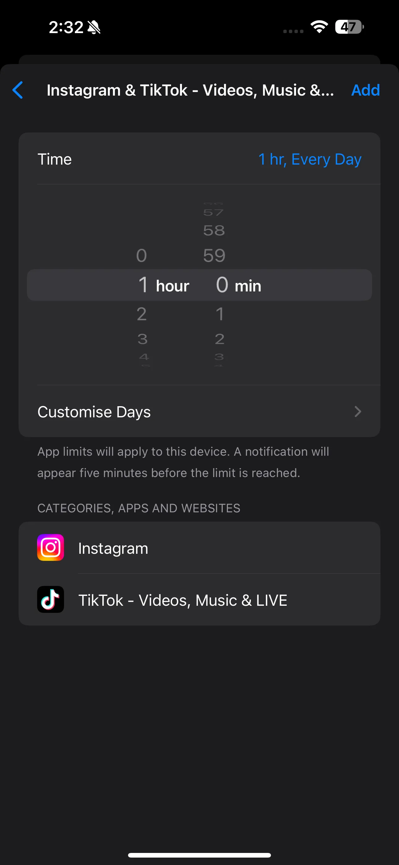Thanh trượt thời gian và tùy chọn Tùy chỉnh ngày (Customize Days) trên màn hình iPhone, cho phép thiết lập giới hạn thời gian sử dụng ứng dụng hàng ngày trong cài đặt Thời gian sử dụng.