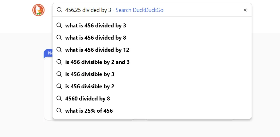 Thao tác tính toán phép chia trên DuckDuckGo cho thấy công cụ này không cung cấp kết quả trực tiếp như Google