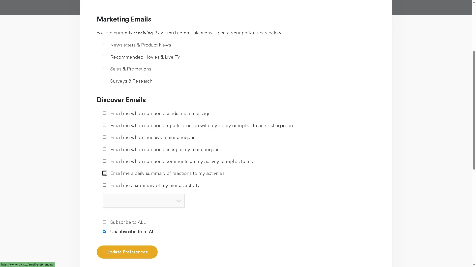 Thay đổi tùy chọn email tiếp thị của Plex trong cài đặt tài khoản