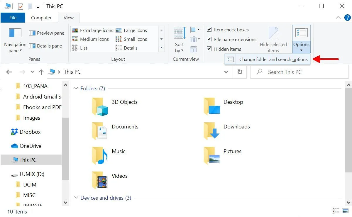 Thay đổi tùy chọn thư mục và tìm kiếm trong File Explorer trên Windows 10.