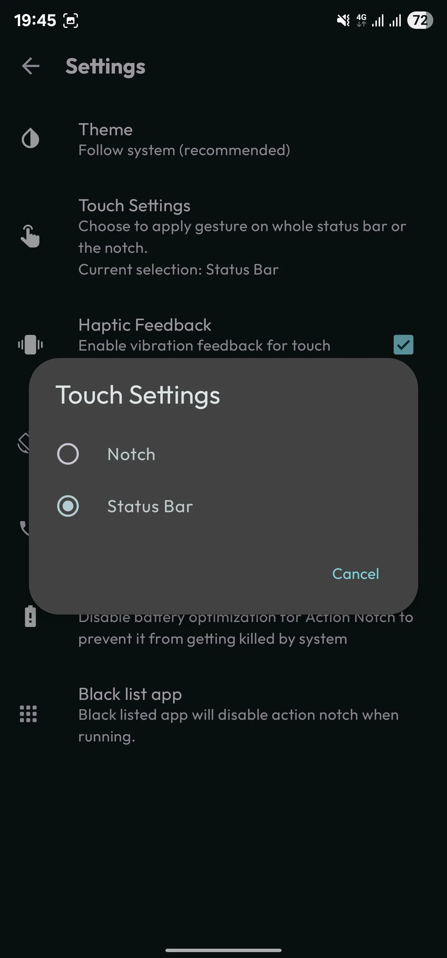Thay đổi vùng tương tác của Action Notch sang thanh trạng thái.