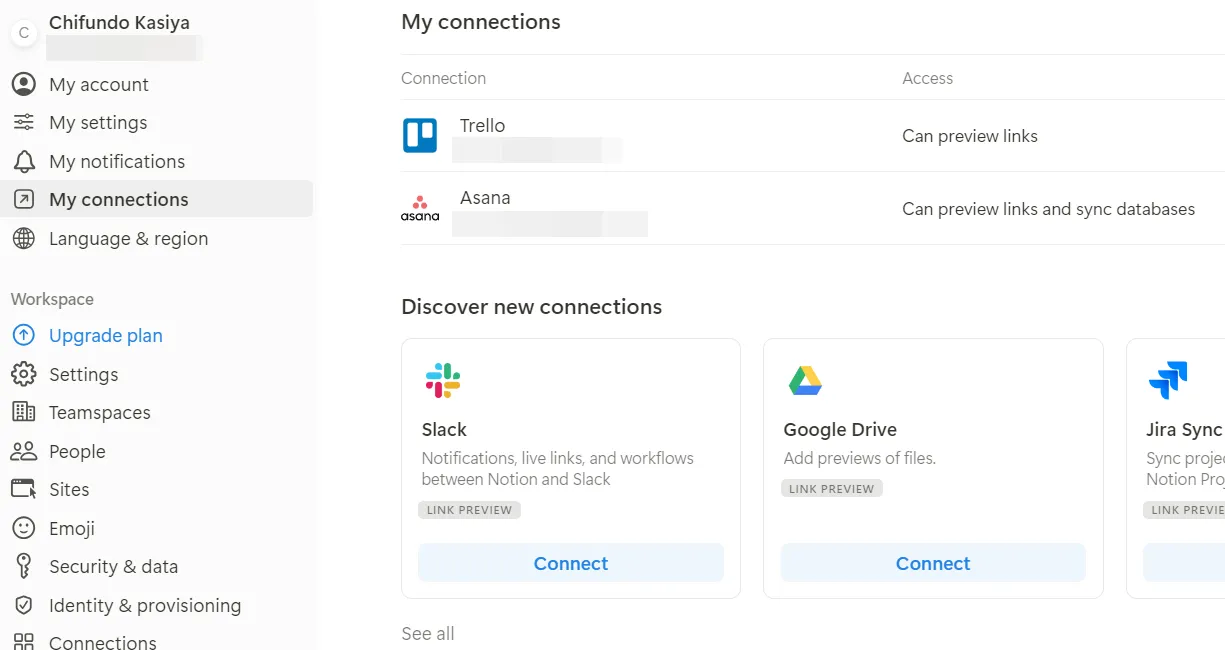 Thẻ My connections trong cài đặt Notion, hiển thị danh sách các tích hợp có thể kết nối như Slack.