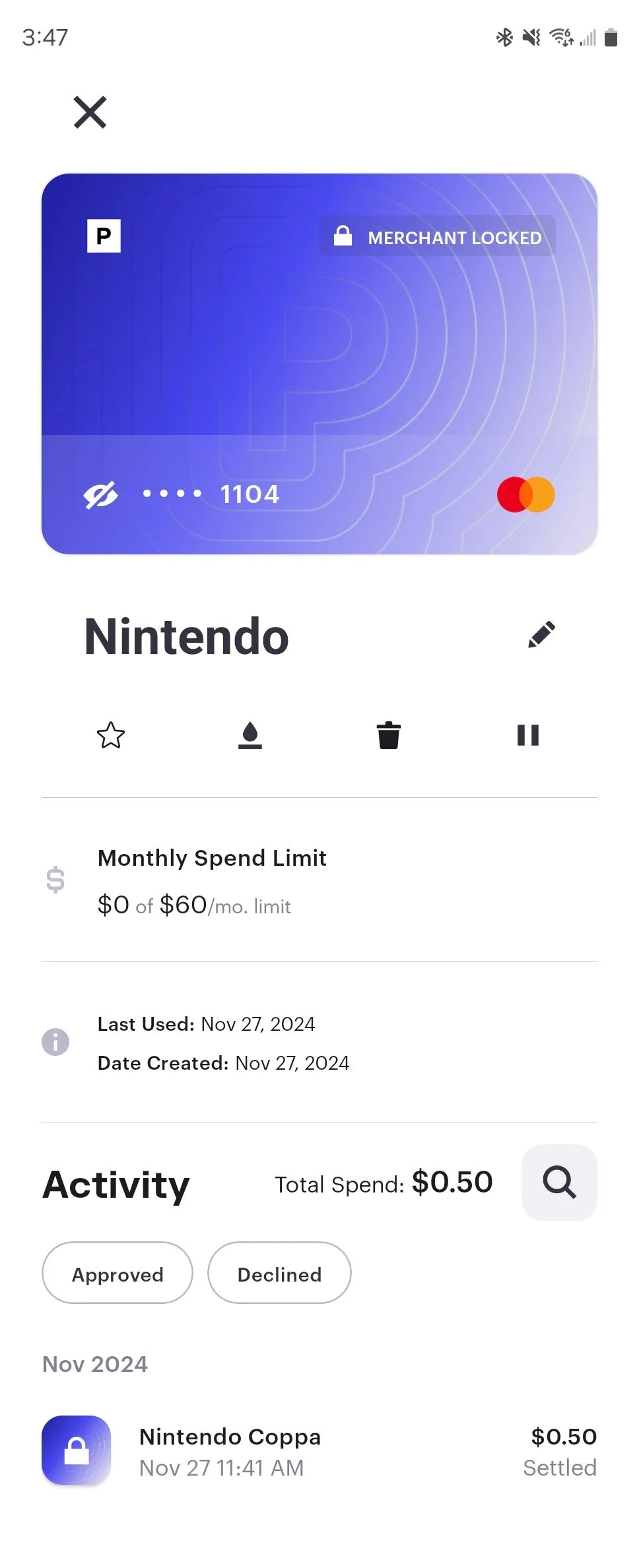 Thẻ thanh toán tạm thời cho Nintendo được tạo từ ứng dụng Privacy trên Android.