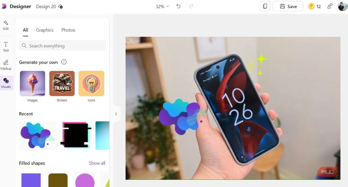 Thẻ Visuals trong ứng dụng Microsoft Designer chứa thư viện đồ họa, ảnh stock và công cụ tạo ảnh bằng AI
