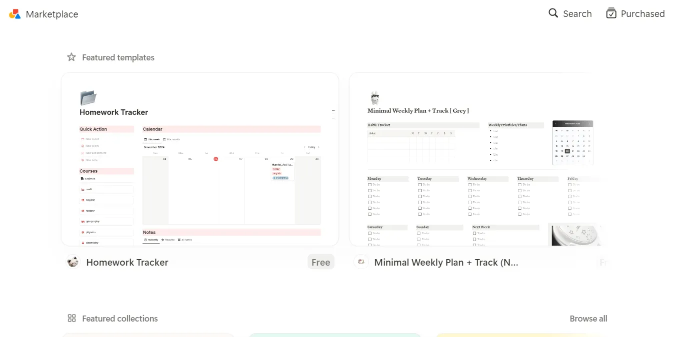Thị trường mẫu Notion, nơi người dùng khám phá các template miễn phí và trả phí.