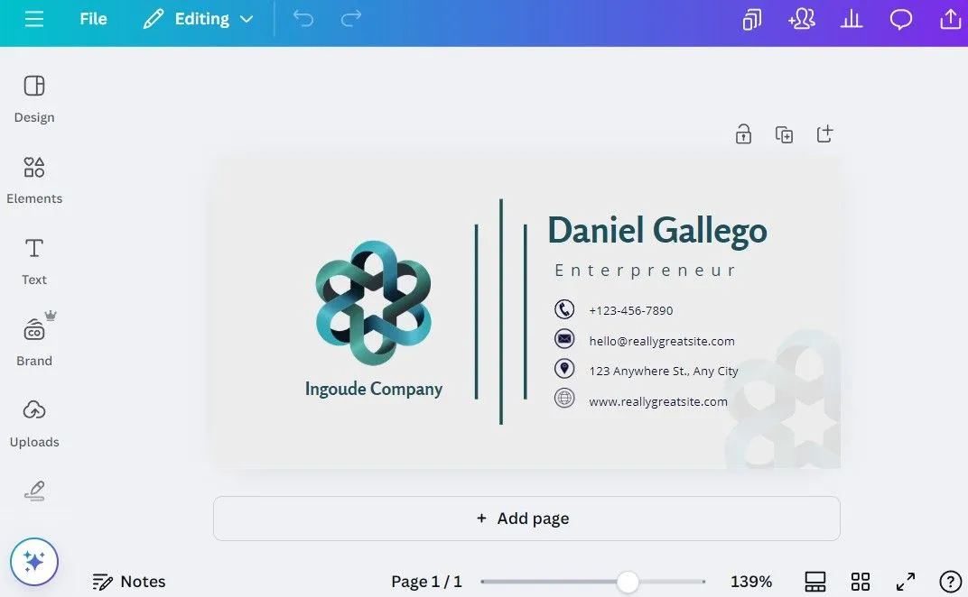 Thiết kế chữ ký email chuyên nghiệp trong ứng dụng Canva, hiển thị các tùy chọn thêm thông tin liên hệ và biểu tượng mạng xã hội