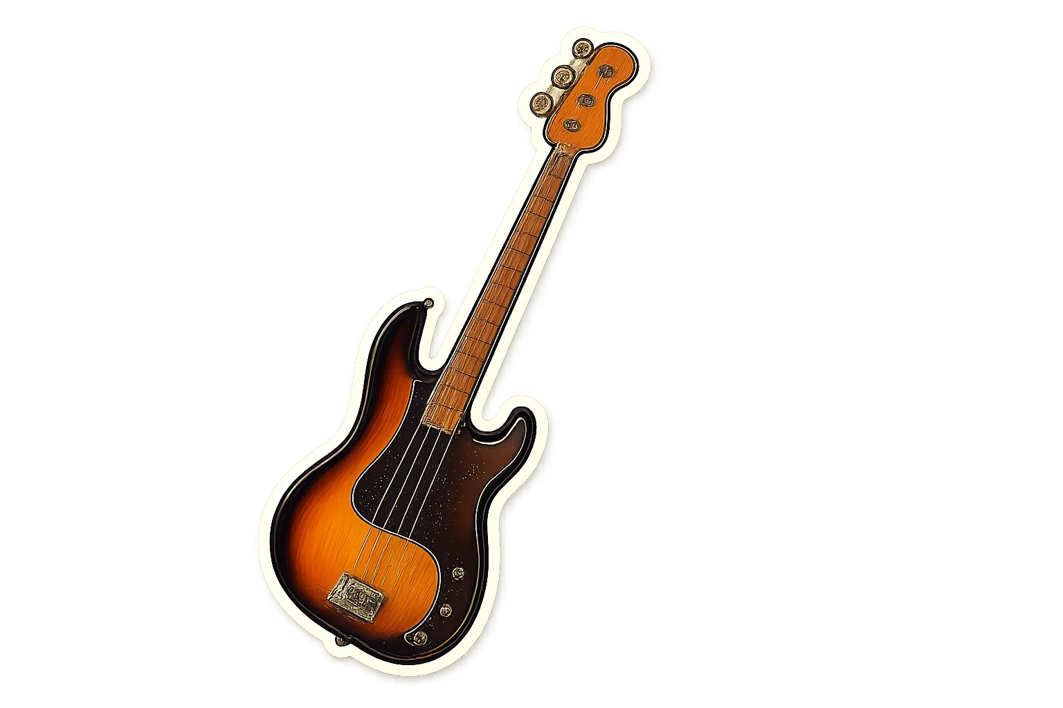 Thiết kế sticker cắt khuôn hình chiếc đàn guitar bass màu hoàng hôn với đường viền đậm, sẵn sàng để in.