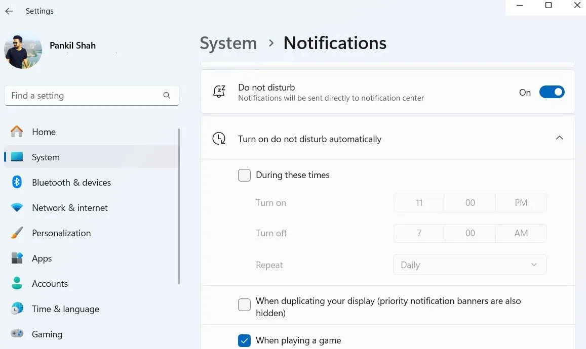 Thiết lập chế độ Không Làm Phiền tự động trên Windows 11