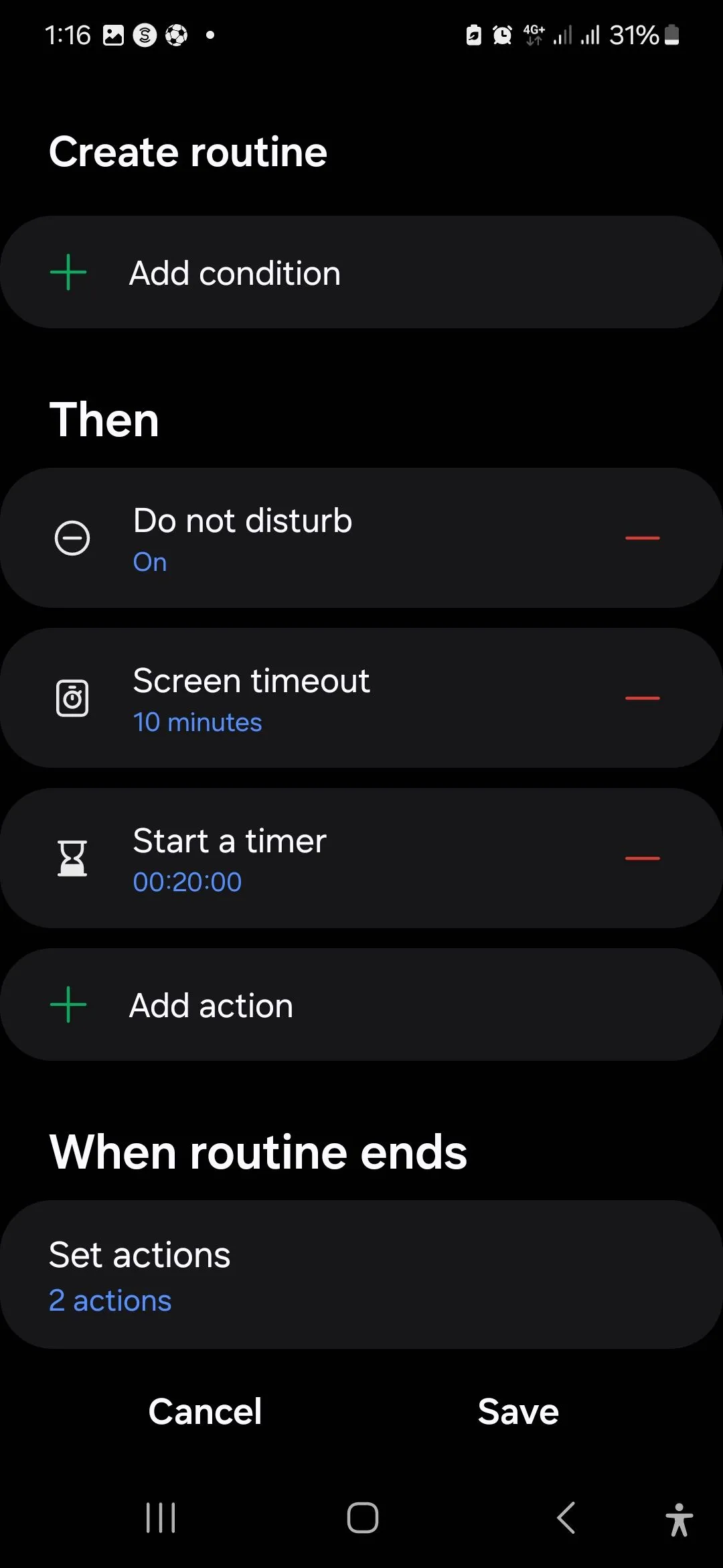 Thiết lập chi tiết cho Quy trình học Duolingo (Duolingo Lessons Routine) trên thiết bị Samsung của người dùng