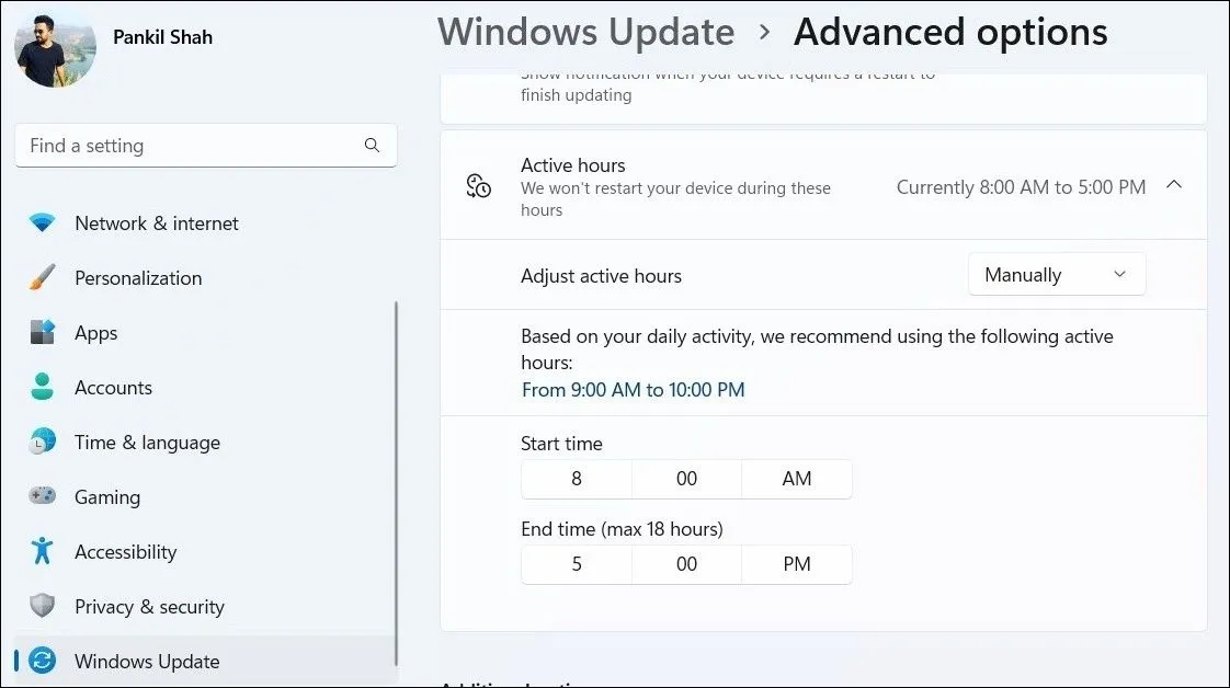 Thiết lập Giờ hoạt động thủ công trong Cài đặt Windows để ngăn tự khởi động lại
