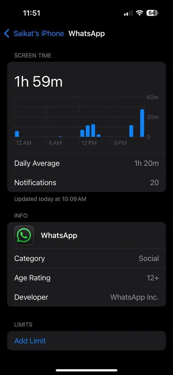 Thiết lập giới hạn thời gian cho ứng dụng WhatsApp trên iPhone bằng tính năng Screen Time