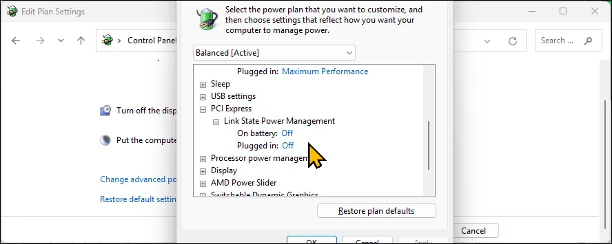 Thiết lập &quot;Link State Power Management&quot; trong mục &quot;PCI Express&quot; thuộc &quot;Power Options&quot; trên Windows 11.