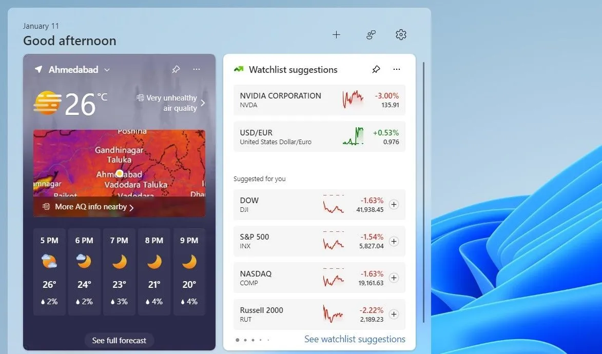 Thời tiết trong bảng tiện ích Windows 11 hiển thị dự báo chi tiết cho người dùng