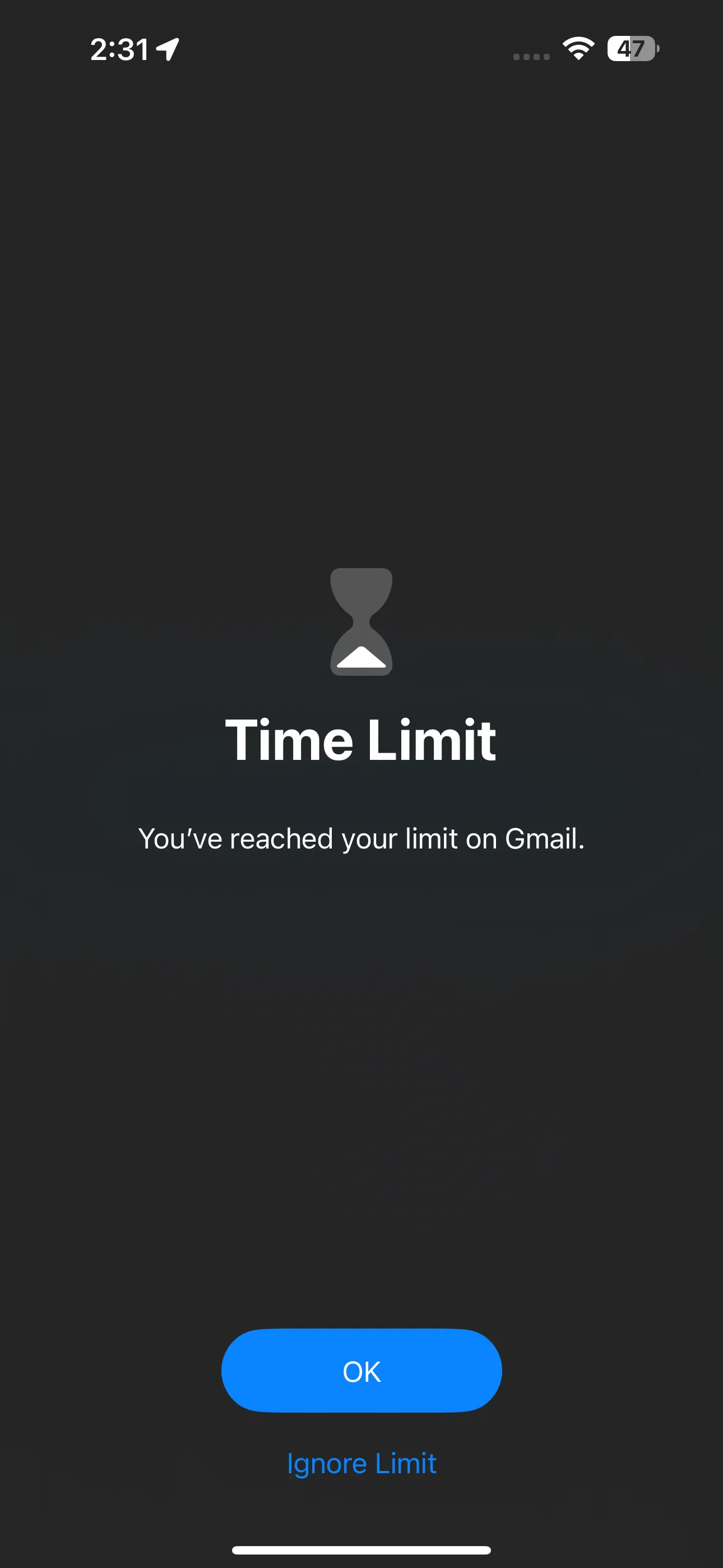 Thông báo &quot;Bạn đã đạt giới hạn sử dụng trên Gmail&quot; hiển thị trên màn hình iPhone khi ứng dụng bị chặn bởi tính năng Thời gian nghỉ (Downtime).
