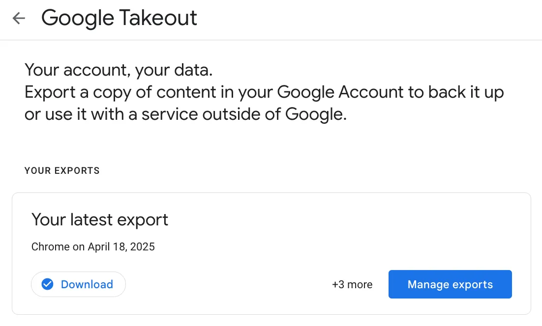 Thông báo Google Takeout đã chuẩn bị xong tệp dữ liệu Chrome để xuất và tải về