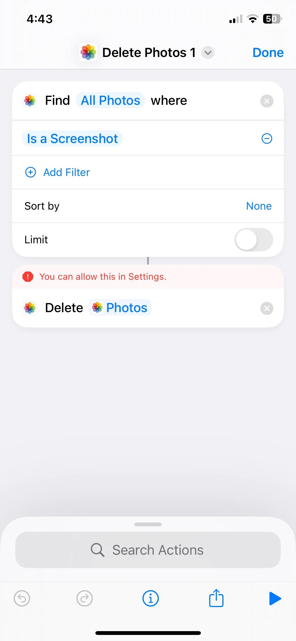 Thông báo lỗi trên iPhone khi cố gắng chạy Phím tắt &quot;Xóa ảnh chụp màn hình&quot; mà không có quyền xóa lượng lớn dữ liệu, cho thấy sự cần thiết phải điều chỉnh cài đặt.