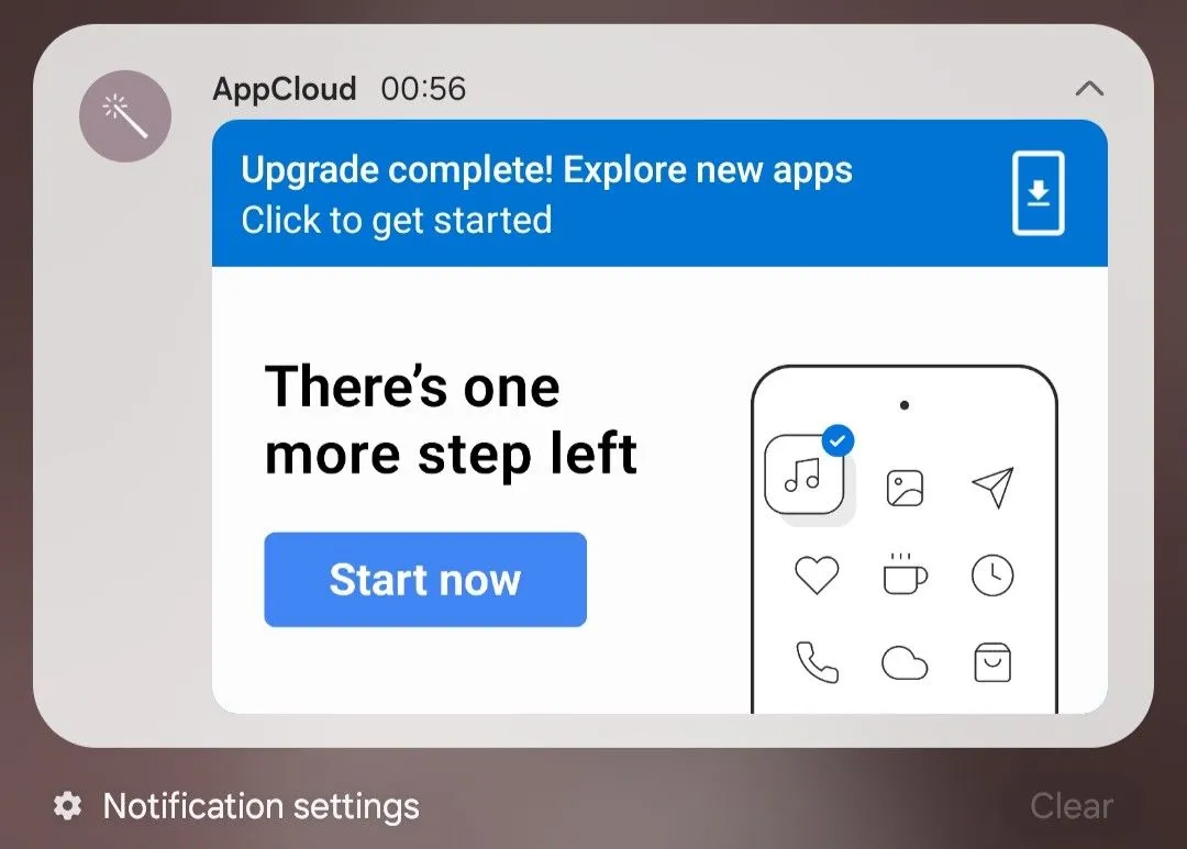Thông báo quảng cáo từ AppCloud trên điện thoại Samsung Galaxy.