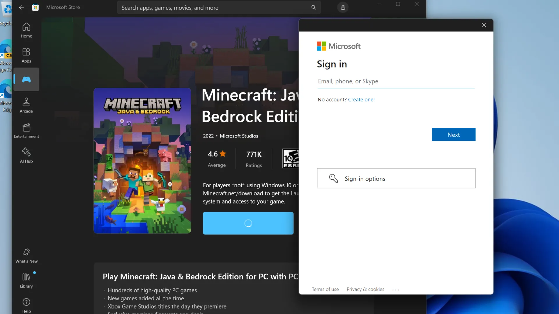 Thông báo từ Microsoft Store yêu cầu đăng nhập bằng tài khoản Microsoft để hoàn tất giao dịch mua ứng dụng hoặc trò chơi.