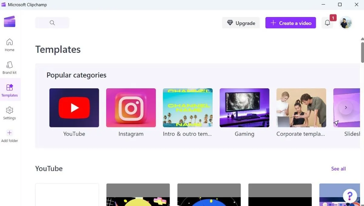Thư viện mẫu video đa dạng trong ứng dụng Clipchamp