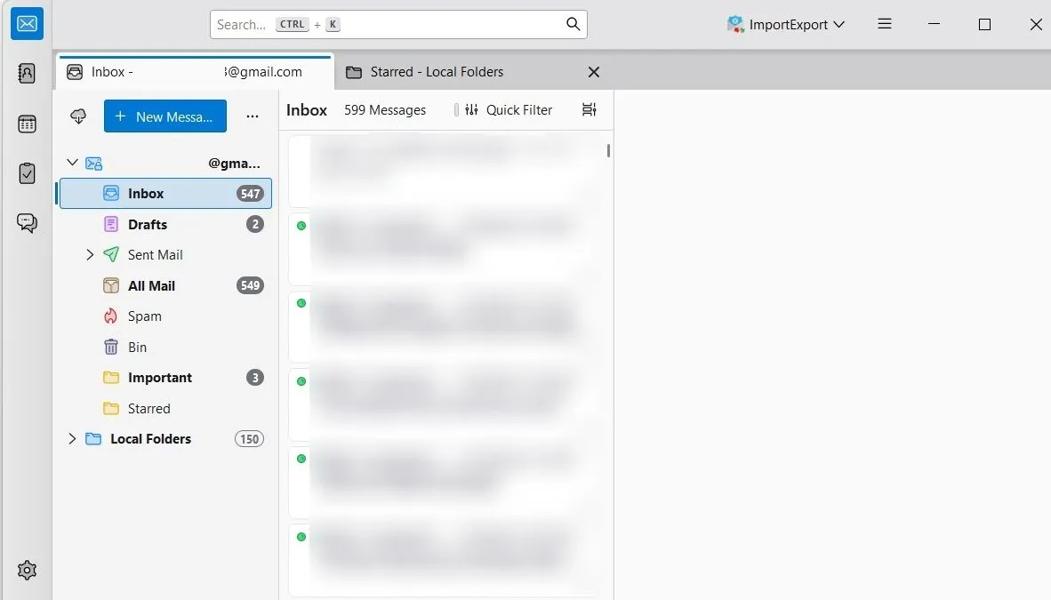 Thunderbird hiển thị thư mục cục bộ (Local Folders) và tài khoản Gmail đã thêm