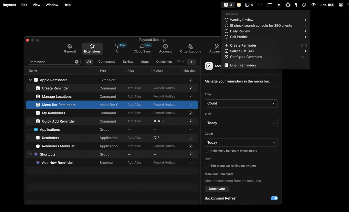Tiện ích Apple Reminders của Raycast hiển thị các lời nhắc ngay trên thanh menu của macOS