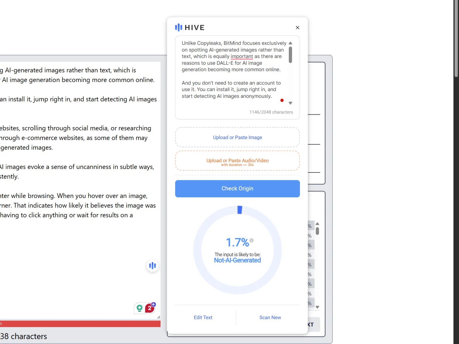 Tiện ích Hive AI Chrome xác nhận nội dung được viết bởi con người ở thanh bên.
