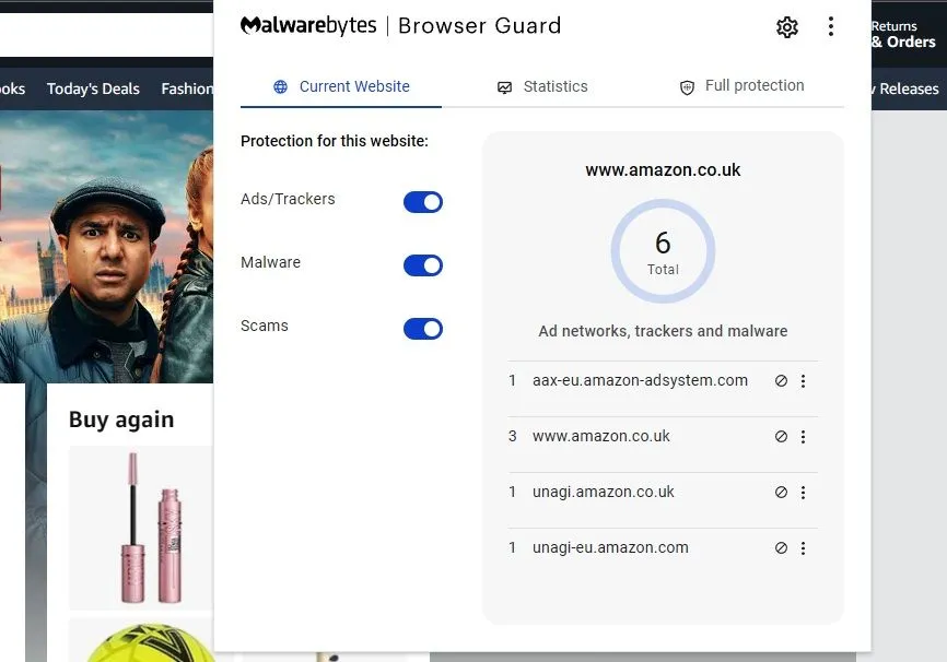 Tiện ích mở rộng Malwarebytes Browser Guard hiển thị trên trình duyệt, giúp bảo vệ người dùng khỏi mối đe dọa trực tuyến
