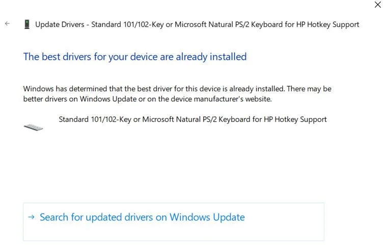 Tìm kiếm driver bàn phím cập nhật thông qua Windows Update trong Device Manager.