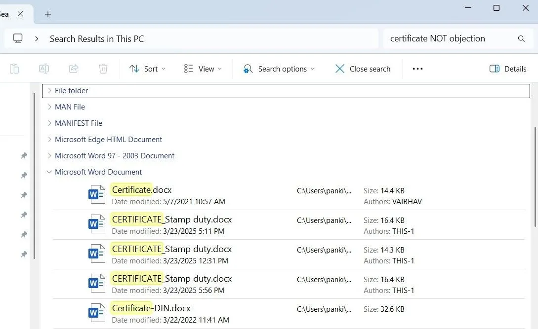 Tìm kiếm File Explorer với toán tử NOT trên Windows