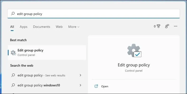 Tìm kiếm gpedit.msc trong menu tìm kiếm Windows 11