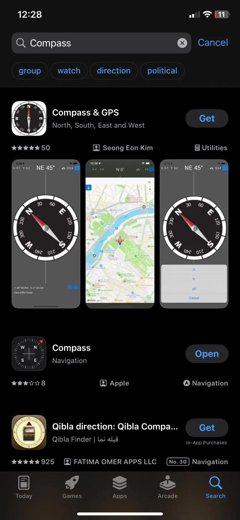 Tìm kiếm ứng dụng la bàn trên App Store hiển thị nhiều lựa chọn, nhưng iPhone đã có ứng dụng La Bàn tích hợp sẵn.