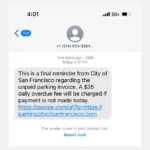 Tin nhắn SMS lừa đảo phí phạt đỗ xe giả mạo từ SFMTA San Francisco