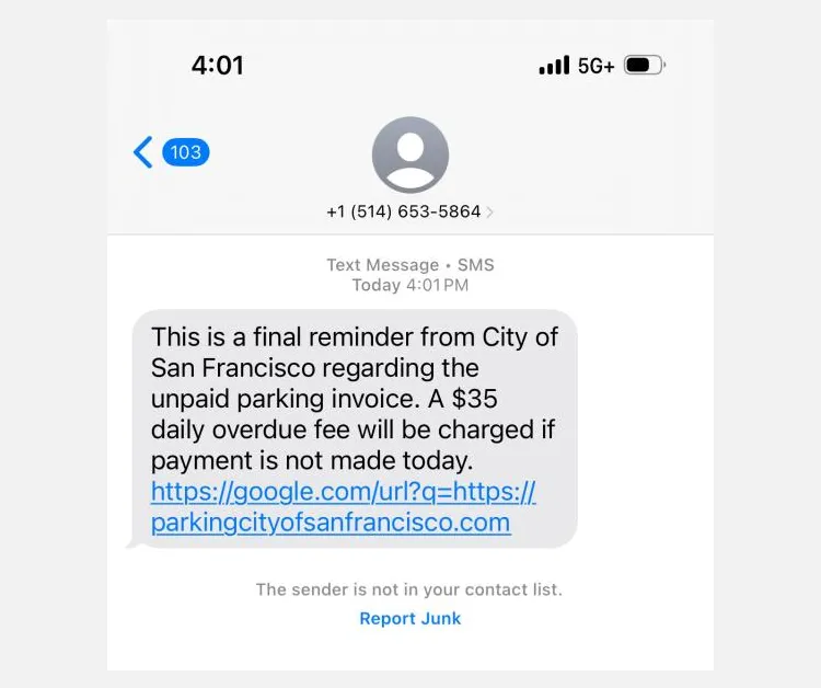 Tin nhắn SMS lừa đảo phí phạt đỗ xe giả mạo từ SFMTA San Francisco
