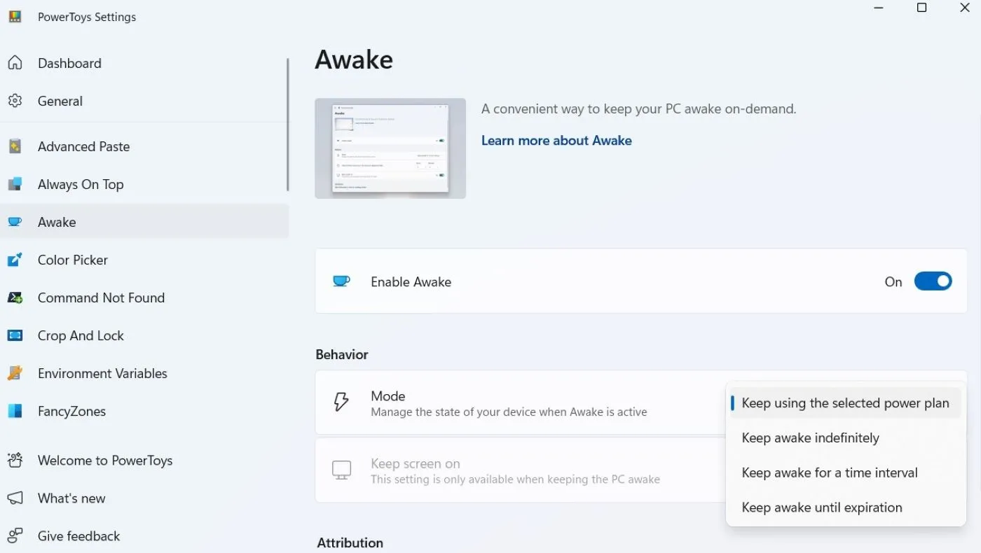 Tính năng Awake của Microsoft PowerToys giúp giữ máy tính không chuyển sang chế độ ngủ đông tạm thời hoặc vĩnh viễn