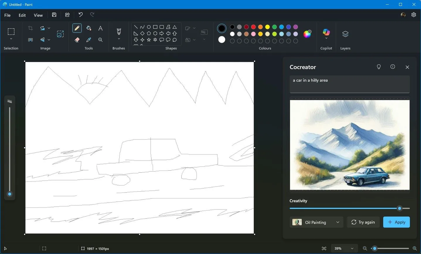 Tính năng Cocreator của Microsoft Paint trong Windows, hiển thị giao diện AI chuyển phác thảo thành tranh vẽ chi tiết.