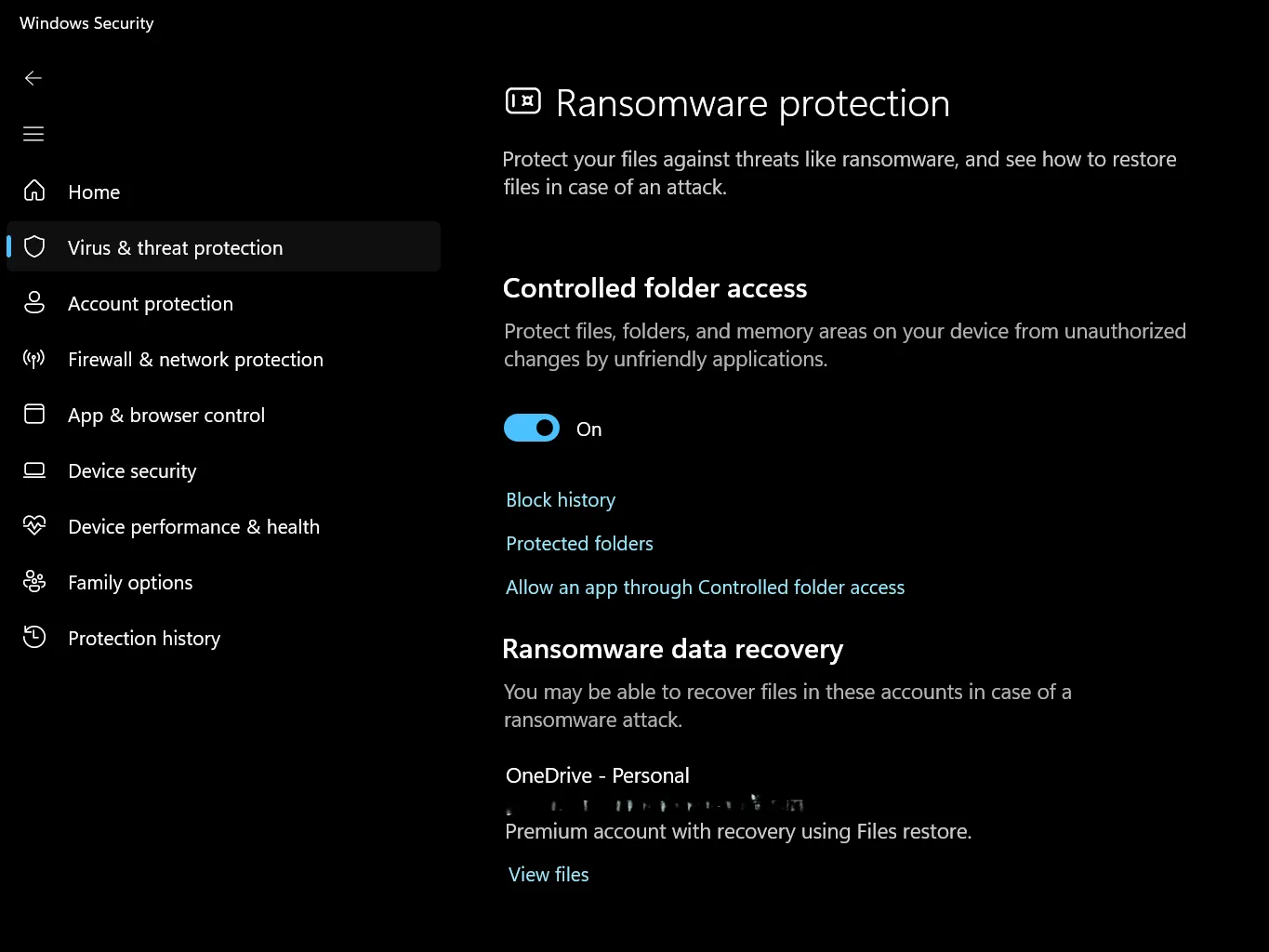 Tính năng Controlled Folder Access được bật trong Windows Security để bảo vệ chống ransomware
