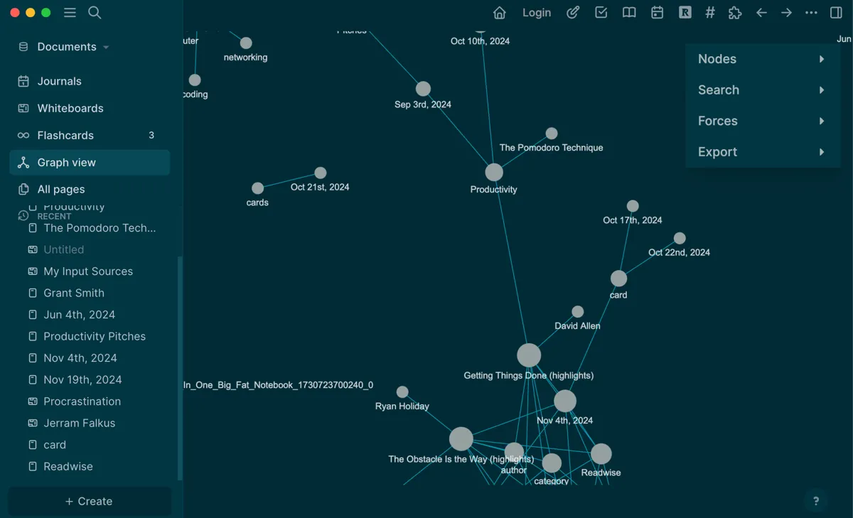 Tính năng đồ thị (graph view) của Logseq thể hiện mạng lưới liên kết giữa các ghi chú về năng suất và các chủ đề liên quan
