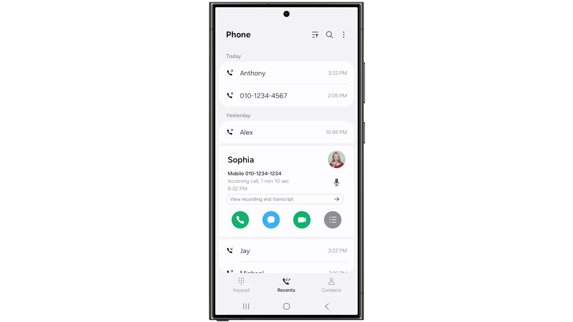 Tính năng ghi âm cuộc gọi và chuyển đổi thành văn bản trên One UI 7, minh họa khả năng AI của Samsung.